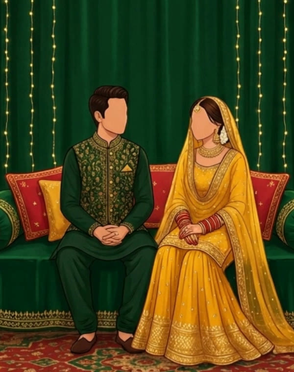 Illustration of the bride and groom at their mehndi